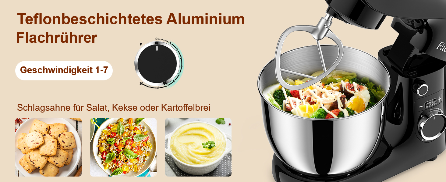 Кухонна машина Facelle 1500W з місткістю 5,5/4,5л: міксер, тістоміс, набір насадок, тиха робота (чорний)