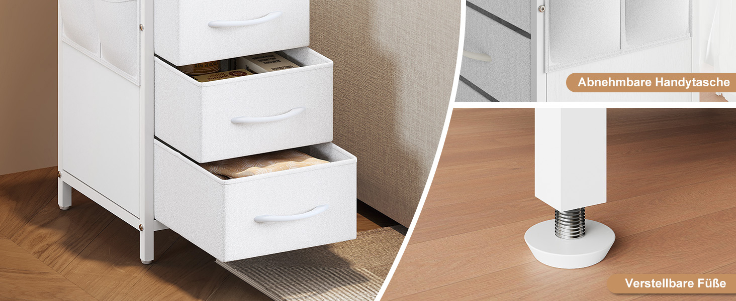 Нічний столик з підзарядкою та LED-підсвіткою, білий, 25x30x60 см, з 3 висувними ящиками, полицею та USB/Type-C портами