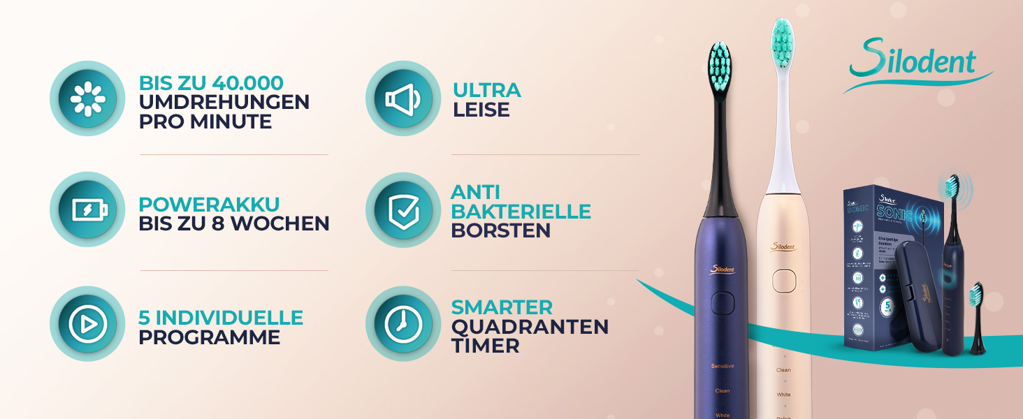 Електрична зубна щітка Silodent Midnight Blue з антисептичною щетиною. 5 програм, Power-батарея, чохол для подорожей. Тестовий лідер, 100 днів без ризику.