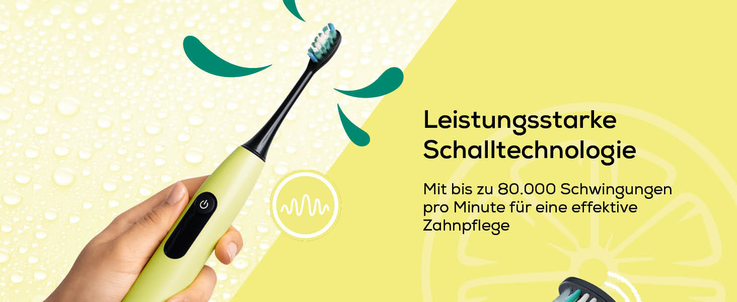 Електрична зубна щітка Beurer SC 30 Schallzahnbürste: 4 режими чищення, 80 000 коливань, таймер, LED-дисплей, 2 насадки, корпус з переробленого пластику (Splashy Lemon)