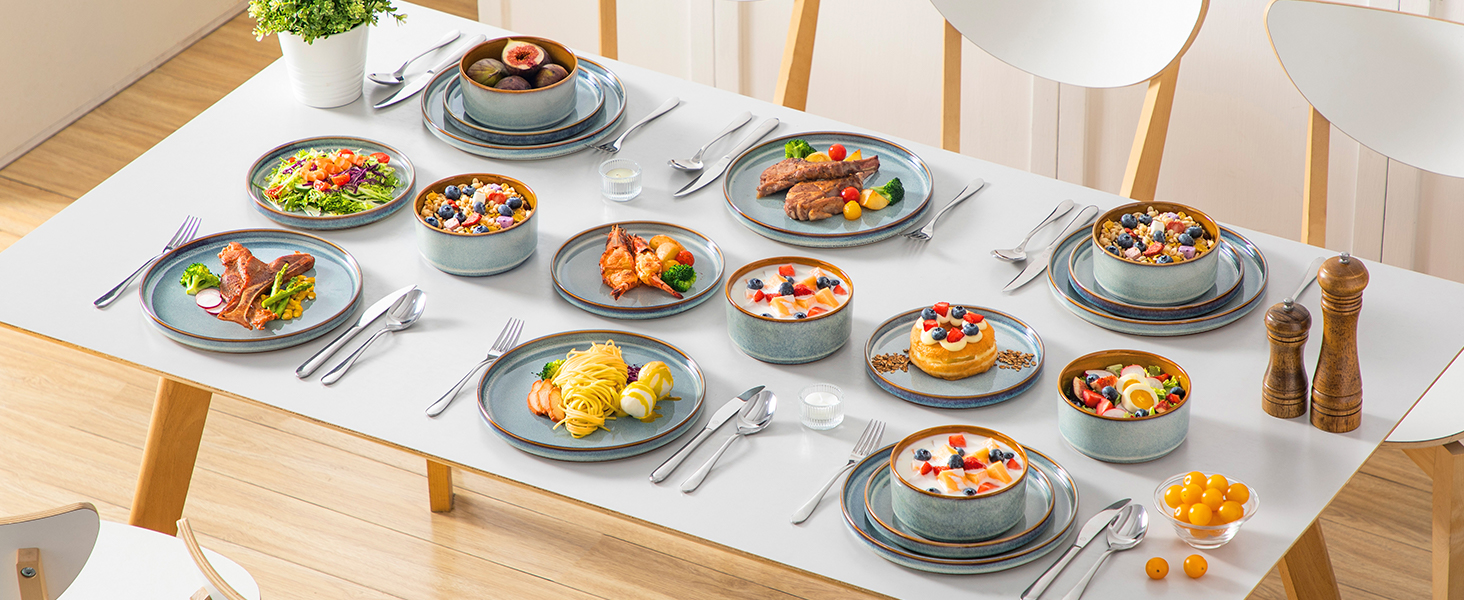 Набір посуду Vancasso Steingut 24 шт. для 8 осіб: тарілки, салатники, супові миски. Серія Galaxie, ONION (світло-блакитний)