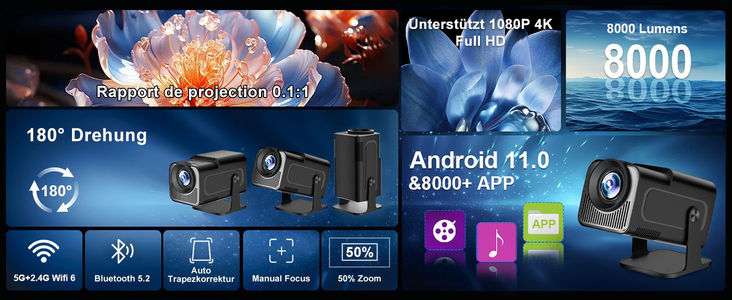 Beamer 4K HY260pro: Міні проєктор для дому та вулиці з WiFi 6, Bluetooth 5.4, Android TV, 180° обертання, 18000 люмен, 5W динамік