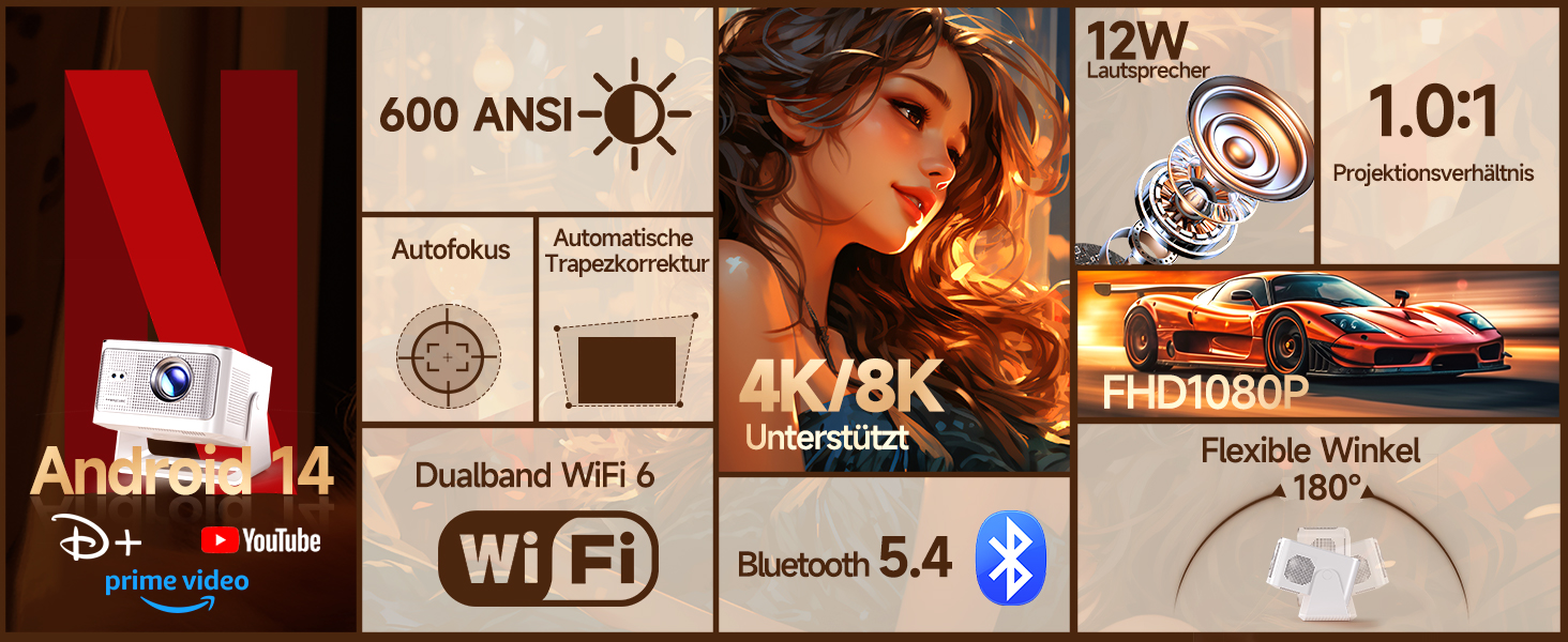 Смарт-проектор Magcubic HY350MAX 4K/8K, WiFi 6, Bluetooth 5.4, Автофокус, 6D автокоррекция трапеції, динамік 12W, поворот на 180°, портативний домашній кінотеатр, чорний