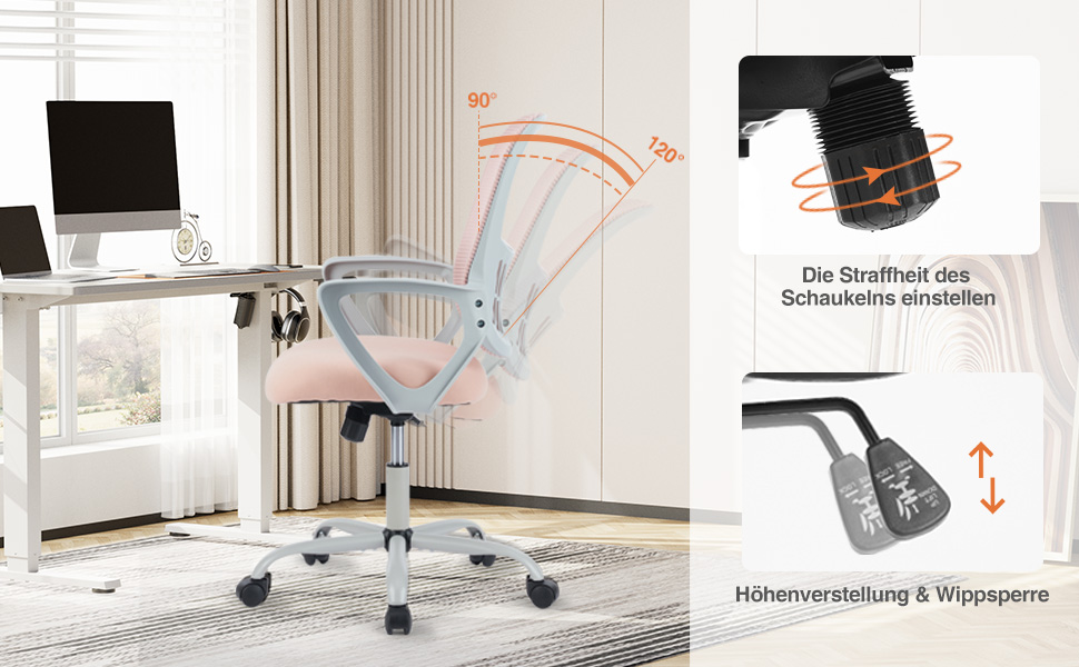 Офісний стілець Sweetcrispy з регульованими підлокітниками, ергономічний, з підтримкою попереку, регульована висота, поворотний на 360°, з м'яким сидінням, чорний (рожевий, фіксовані підлокітники)