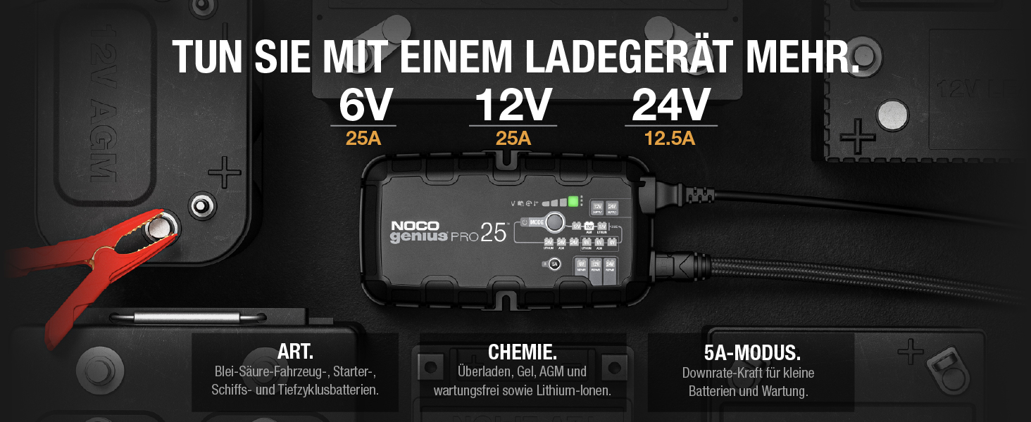 NOCO GENIUSPRO25: Професійне зарядне пристрій для акумуляторів 25A, 6V/12V/24V – Інтелектуальний зарядний пристрій, десульфатор та блок живлення з захистом від перевантаження та температурною компенсацією – Для свинцево-кислотних та літієвих акумуляторів