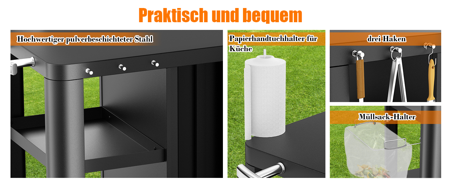 Гриль-возна Гриль-стіл з відкидним столиком, вулична кухня з гачками, полицею та шафкою, сервізний візок на колесах, чорний (143×37×89 см)