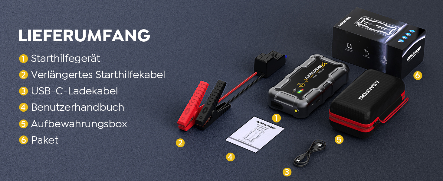 Powerbank з компресором та пусковим пристроєм AIMAPOW для автомобіля: 27000mAh, 160PSI, 6000A, LED-ліхтар, сумісний з бензиновими та дизельними двигунами (до 12.0L)