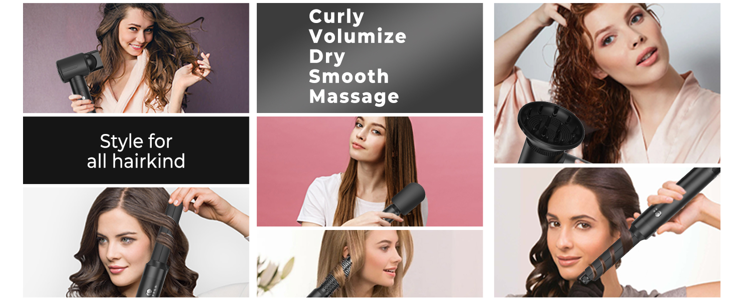 UKLISS Airstyler Pro 7 в 1: Фен-щітка з дифузором, 1400 Вт, професійний стайлер для сушіння, завивки та випрямлення волосся, чорно-золотий