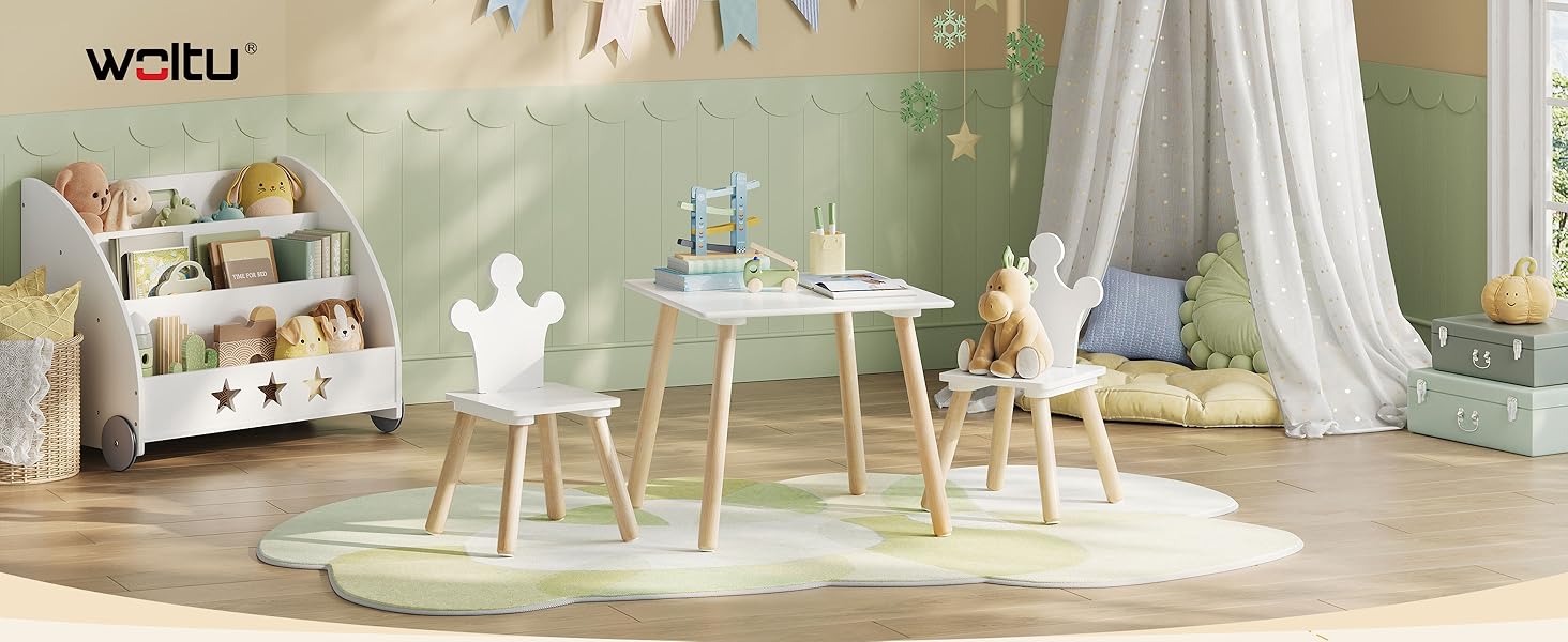 Дитячий стіл з 2 стільцями Woltu для дитячої кімнати, ігрової зони, садочка. Зручні стільці з підлокотниками. Комплект меблів з МДФ та масиву дерева, білий + світлий дуб. Квадратний стіл.