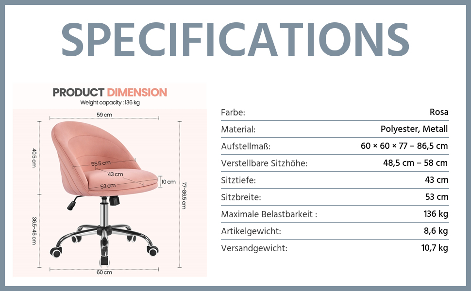 Крісло Yaheetech для дому та офісу: регульоване, обтягнуте велюром, з поворотним механізмом, до 136 кг, білий/рожевий
