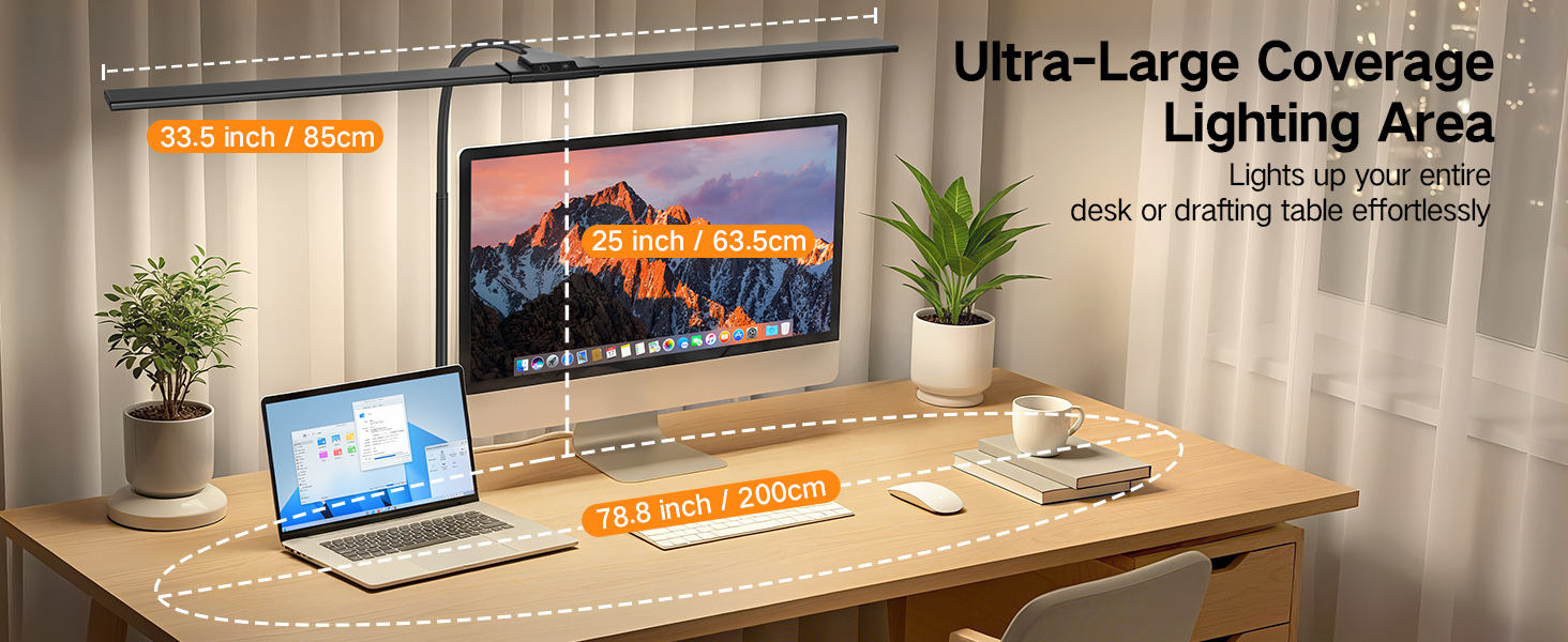 OUTON LED лампа для столу з двома головками, 85.5 см, 1600 люмен, сенсорне керування, регулювання яскравості, 5 температур кольору, таймер, пам'ять, захист очей, кріпиться за допомогою затискача, для офісу та дому, чорний