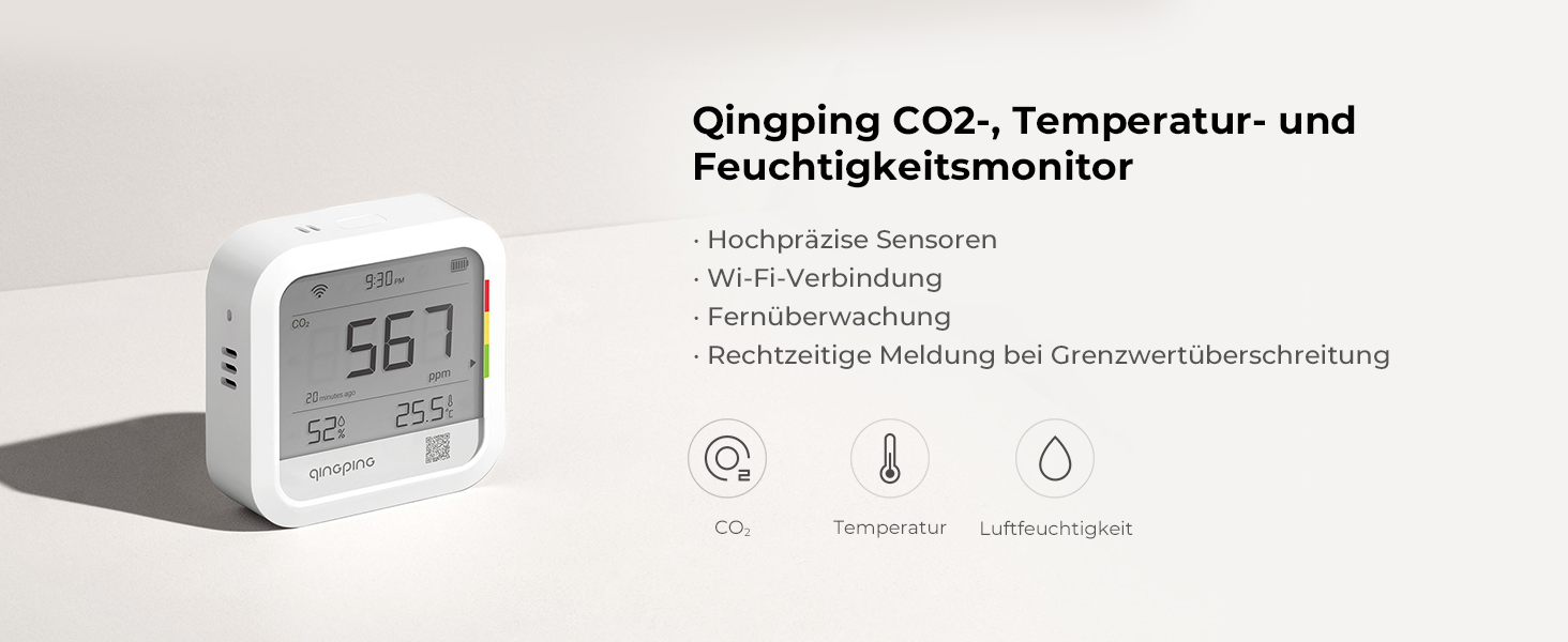 Qingping Датчик CO2, термометр та гігрометр з дистанційним моніторингом через Qingping IoT, для різних сценаріїв, з швидкою системою оповіщення