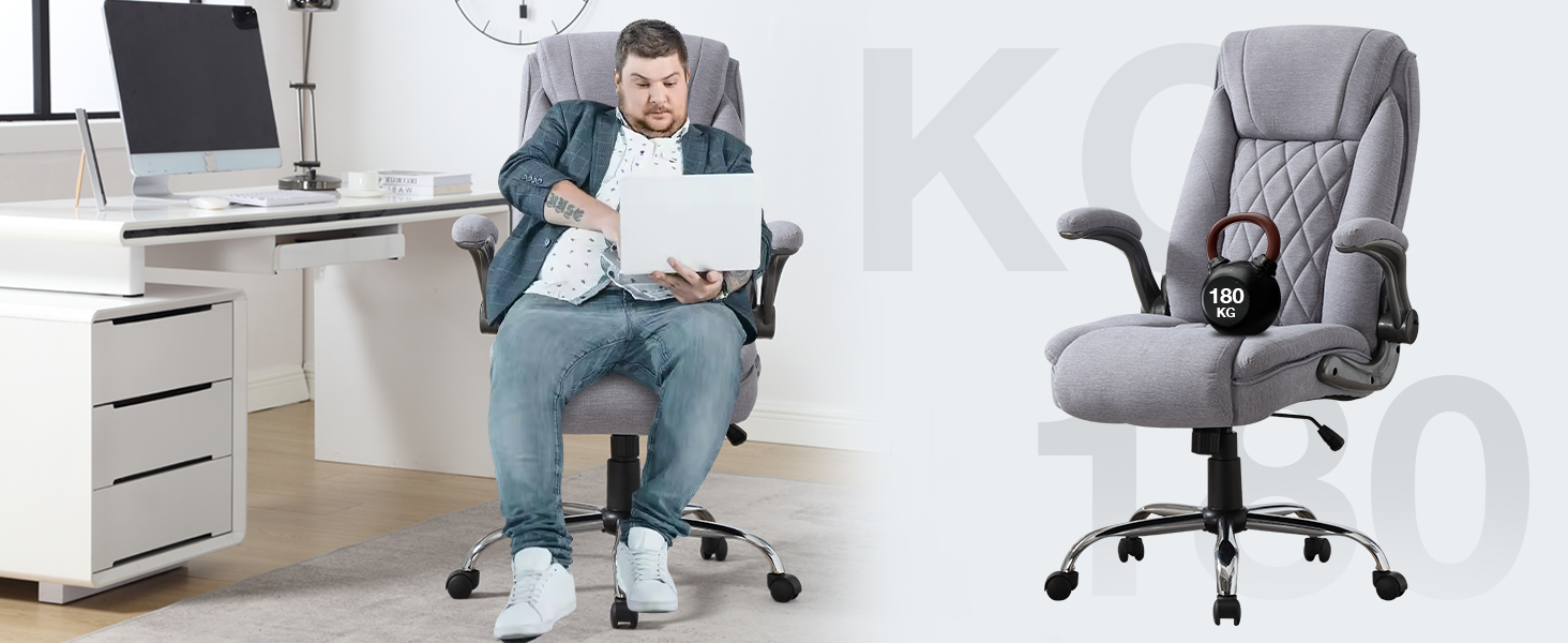 Ергономічне крісло для офісу 180 кг, крісло для столу з високою спинкою та широким сидінням, відкидні підлокітники, комп'ютерне крісло для офісу, дому, геймінгу (світло-сірий, без масажу)