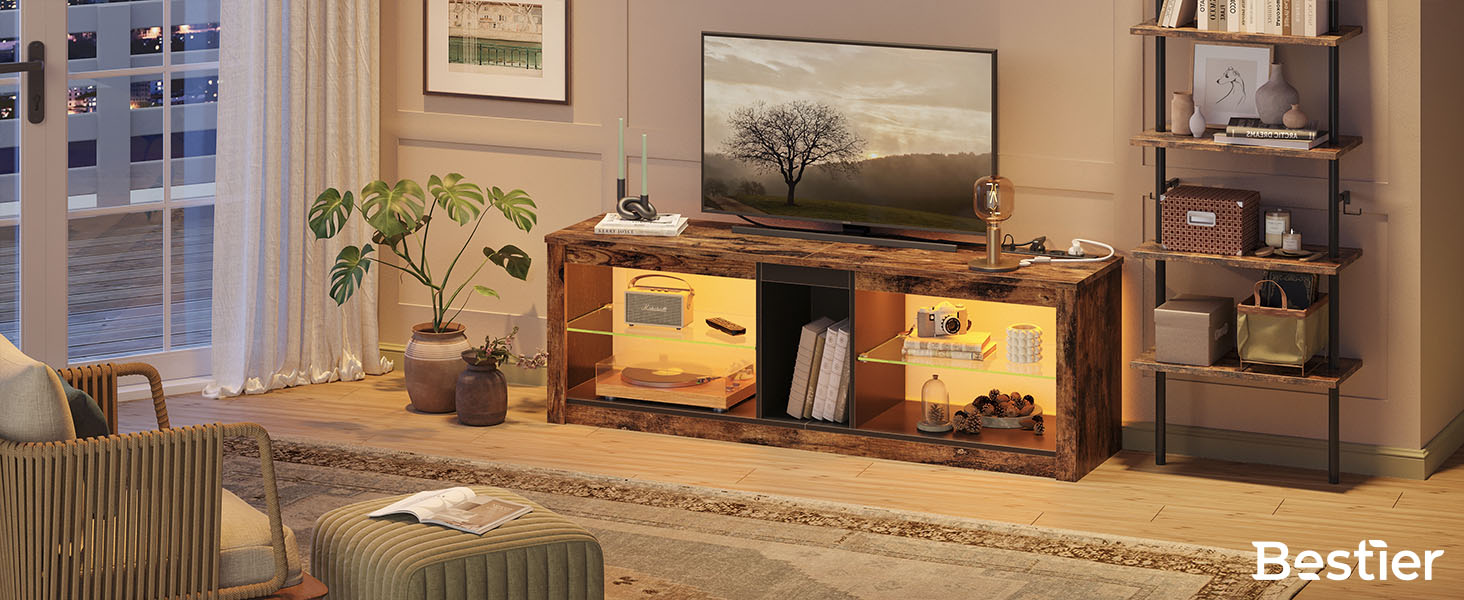 Тумба під TV Bestier, 160x35x52 см, для телевізорів до 65 дюймів, з RGB-підсвічуванням, керуванням кабелів та регульованою скляною полицею (140 см + розетка), колір - коричневий