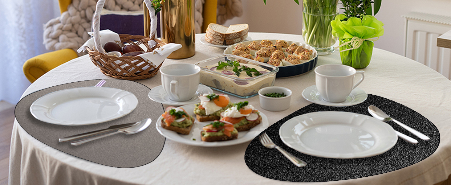 Набір з 6 серветок на стіл, миючі, з підставками, двосторонні, з імітацією шкіри, водонепроникні для обіднього столу, кухні, ресторану та дому (6 шт., чорний)