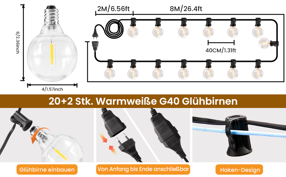 LED гірлянда для вулиці, 20м, з цоколем G40, 30+2 лампочки, пластик, IP44, вологостійка, для саду, вечірки, тепле біле світло (тепле жовте, 10м, EU)