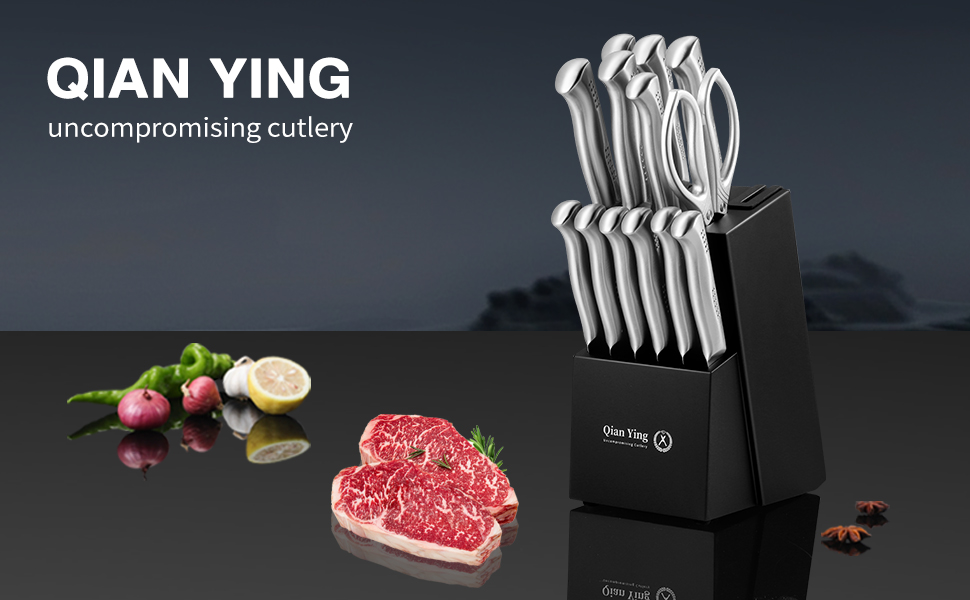 Набір кухонних ножів 14 предметів у блоці: кухонні ножі, ніж кухарський, шліфувальник, подарунок мамі. Білий набір ножів