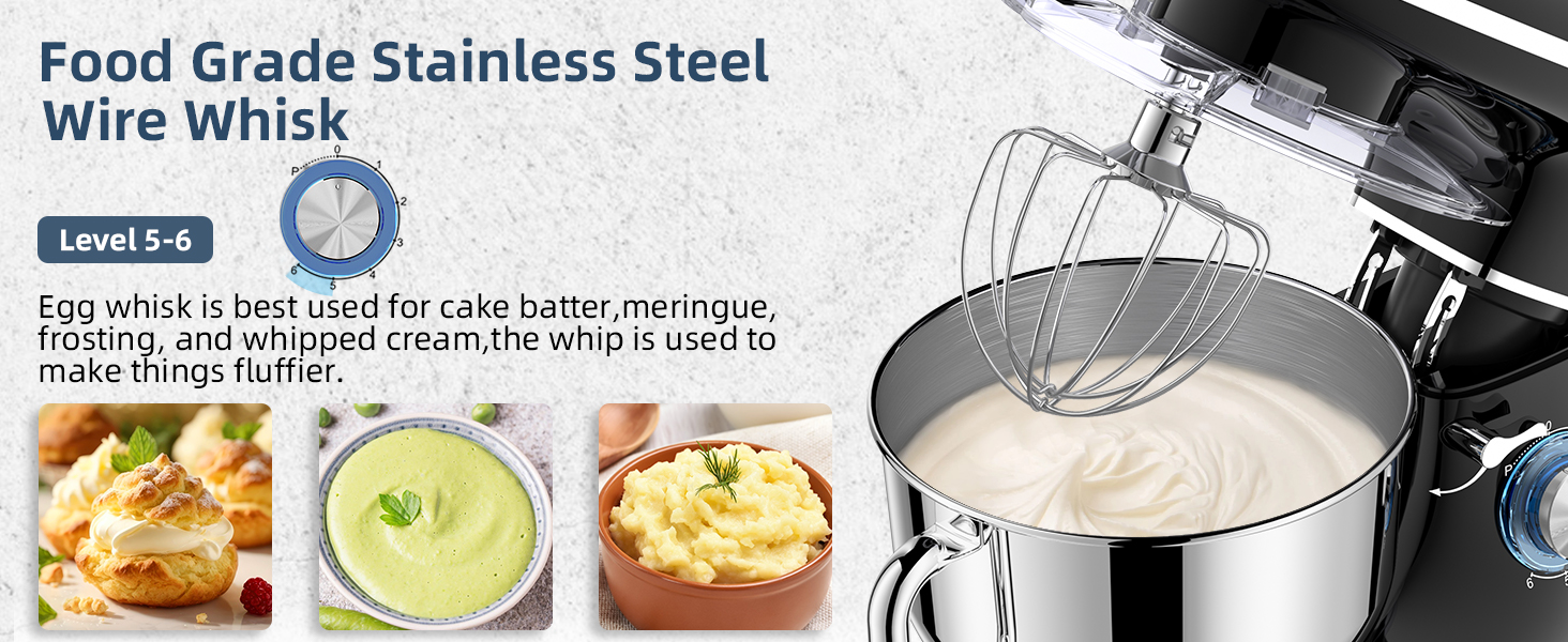 Кухонна машина Cheflee 2000W з чашею 6.2L з нержавіючої сталі, 6 швидкостей, низький шум, міксер, гак для тіста, захист від бризок, чорна