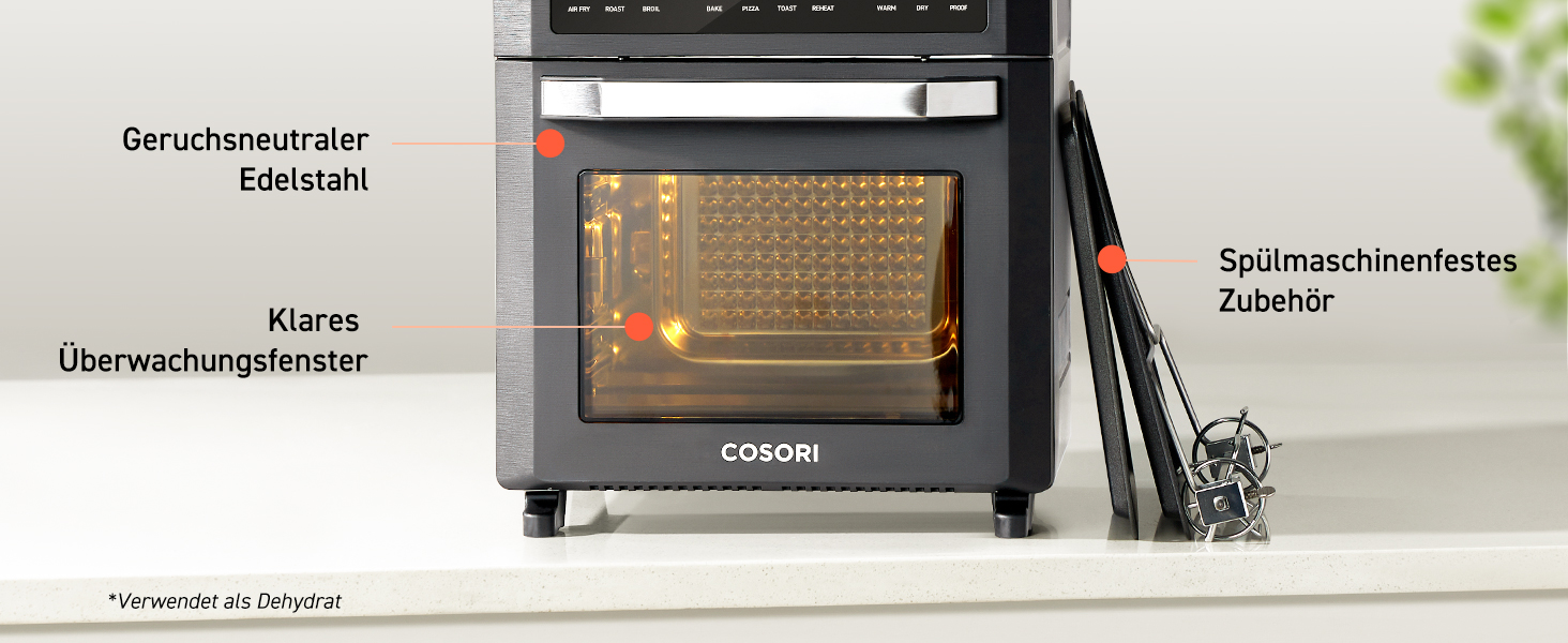 Фритюрниця повітряна COSORI 12L з 11 функціями, сушка, ферментація, подвійне нагрівання, вікно огляду, Airfryer XXL, міні-піч, рецепти, 7 аксесуарів, 220°C, срільно-чорний колір