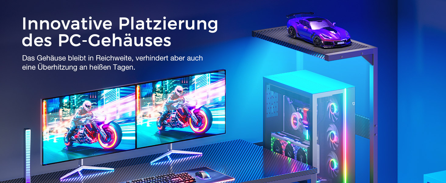 Ігровий стіл Coleshome з LED-підсвічуванням 120x48 см, з шухлядами та полицею, з підставкою для навушників, карбонове покриття чорного кольору