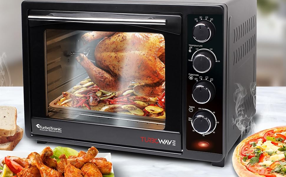 Міні-піч TurboTronic 35л з конвекцією, чорна, 1600W. 2 дека, таймер, піч для піци та гриль
