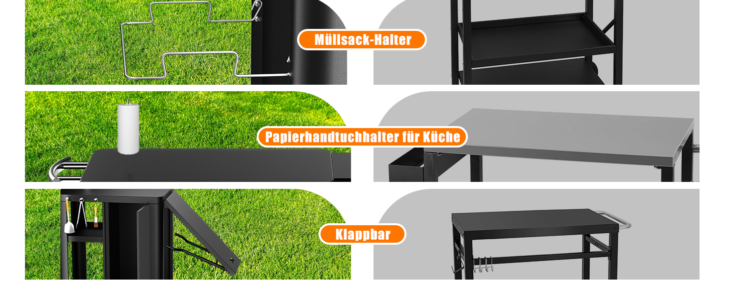 Гриль-возна Гриль-стіл з відкидним столиком, вулична кухня з гачками, полицею та шафкою, сервізний візок на колесах, чорний (143×37×89 см)