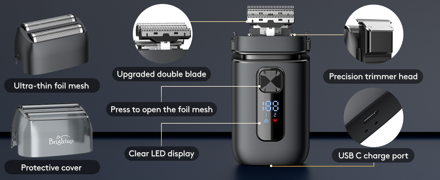 Електрична бритва з фольги для чоловіків з тримером для бороди, Wet/Dry, USB-C, LED, Travel Lock