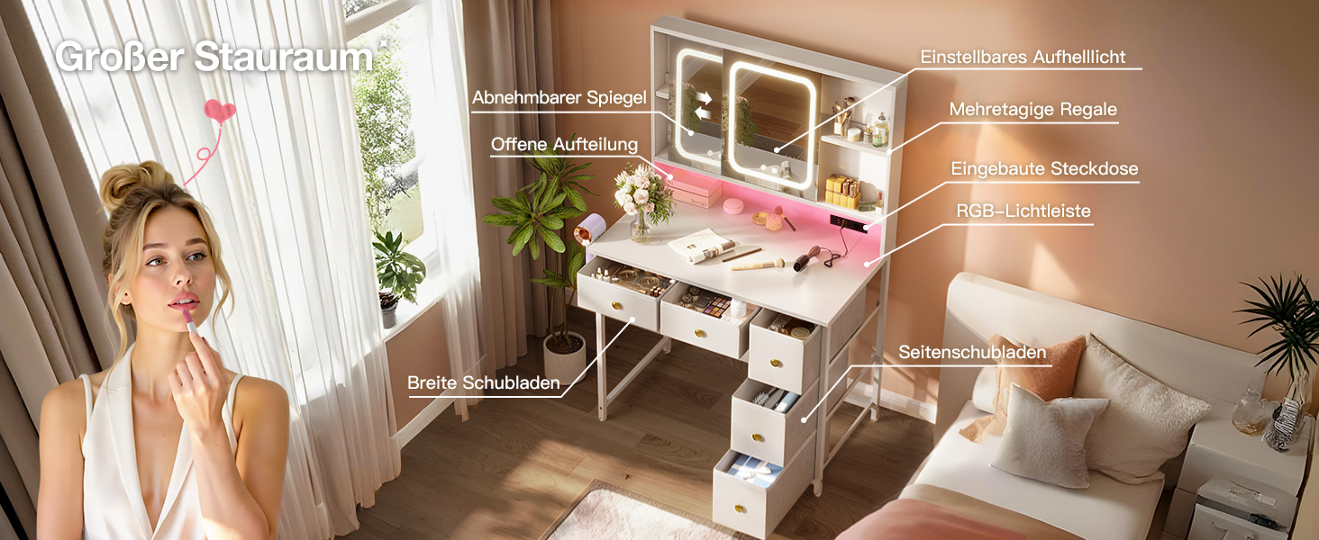 Дзеркальний туалетний столик ODK з регульованим LED-дзеркалом, USB-роз'ємами та RGB-підсвіткою, 5 висувними ящиками та 3 полицями, білий, 90×40×139 см