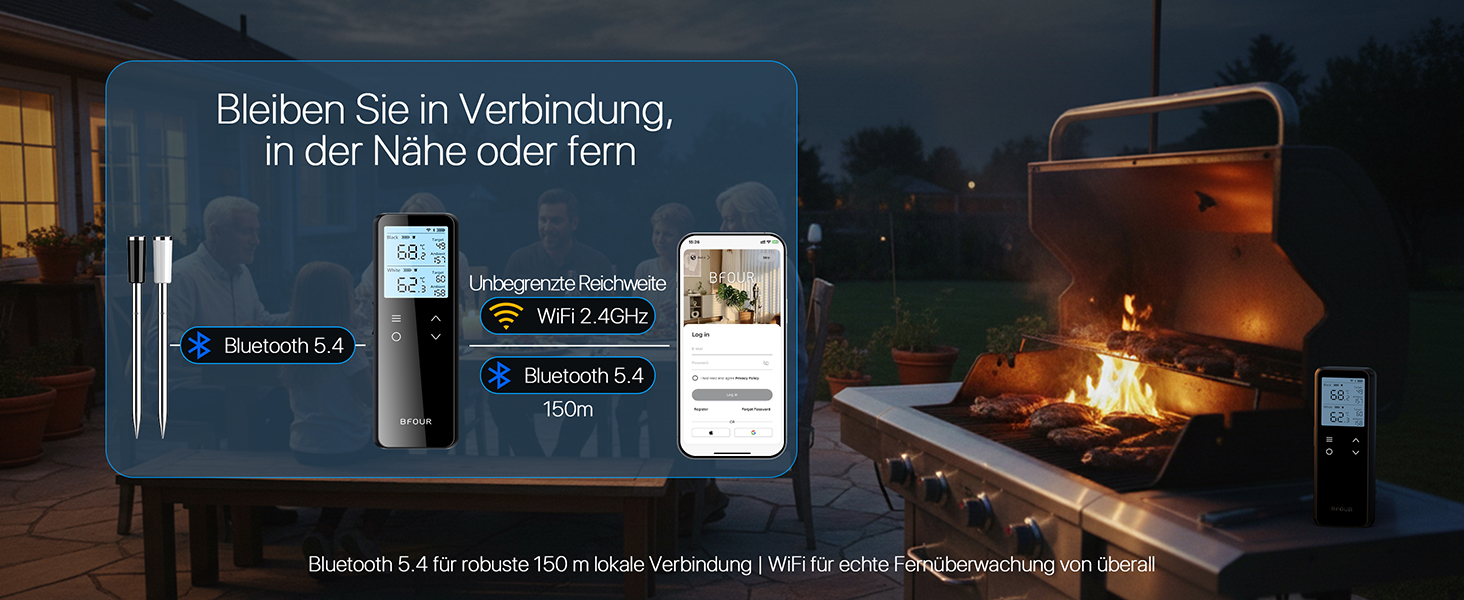 Бездротовий термометр для м'яса з Bluetooth та Wi-Fi, 2 зонди, 6 сенсорів, водонепроникний, точність ±0,1°C, для гриля, духовки, жарки – BF-80