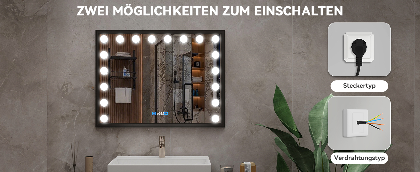 Дзеркало для ванної кімнати YOURLITE з LED-підсвічуванням 100x60 см, сенсорне управління, годинник, антизапотівання, 3 кольори світла, регулювання яскравості, функція пам'яті, білий/чорний