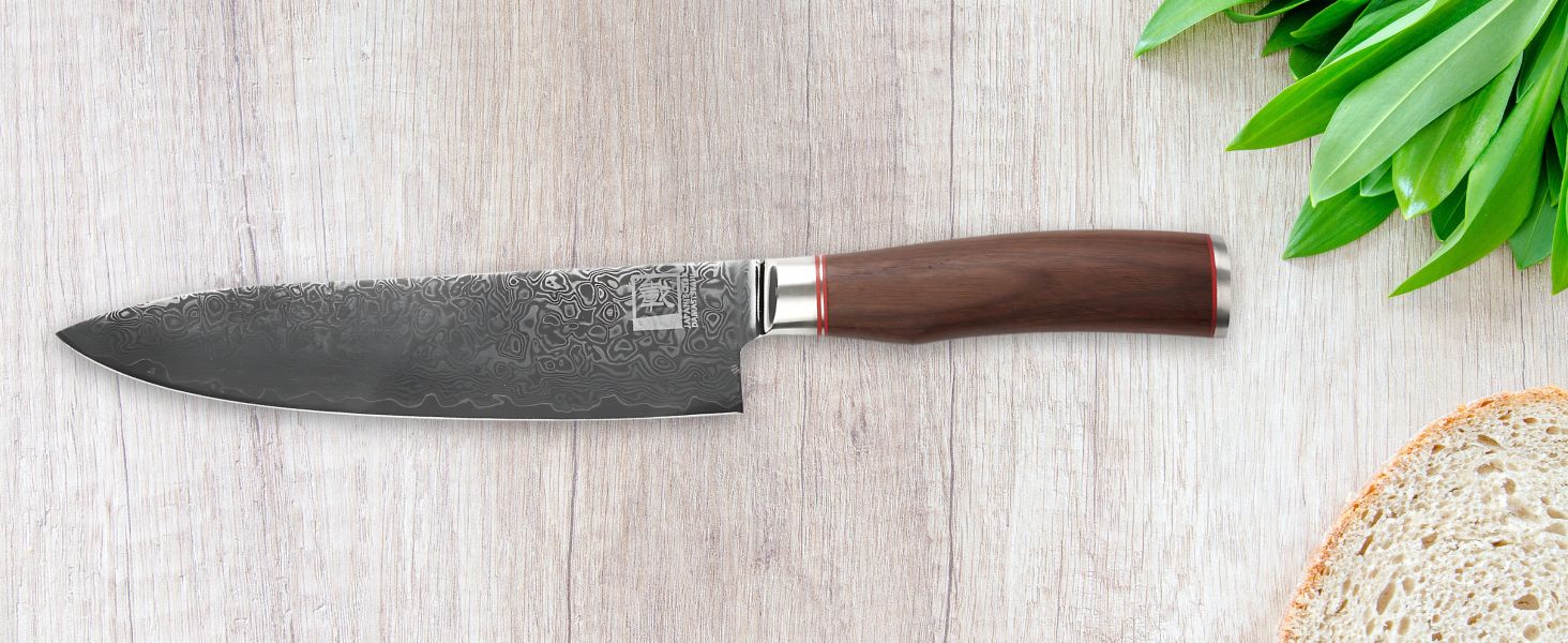 Кухонний ніж шеф-кухаря Zayiko Kurumi Damast з лезом з 67 шарів дамаску, ручка з горіха, дерев'яна коробка