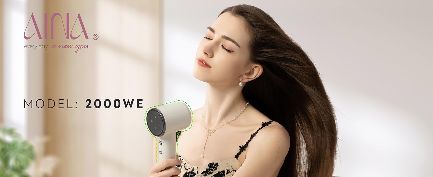 Високошвидкісний іонний фен для волосся AINA з безщітковим двигуном 160 000 об/хв, набір з дифузором, гребінцем та соплом, чорний (3A)