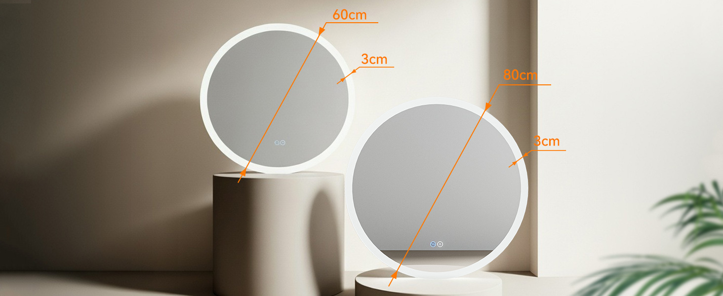 Дзеркало для ванної кімнати HOROW круглої форми з підсвічуванням, 80 см, LED, регулювання кольору світла (холодне, тепле, нейтральне), диммування, антизапар, без рами, IP44, енергозберігаюче (60x60 см)