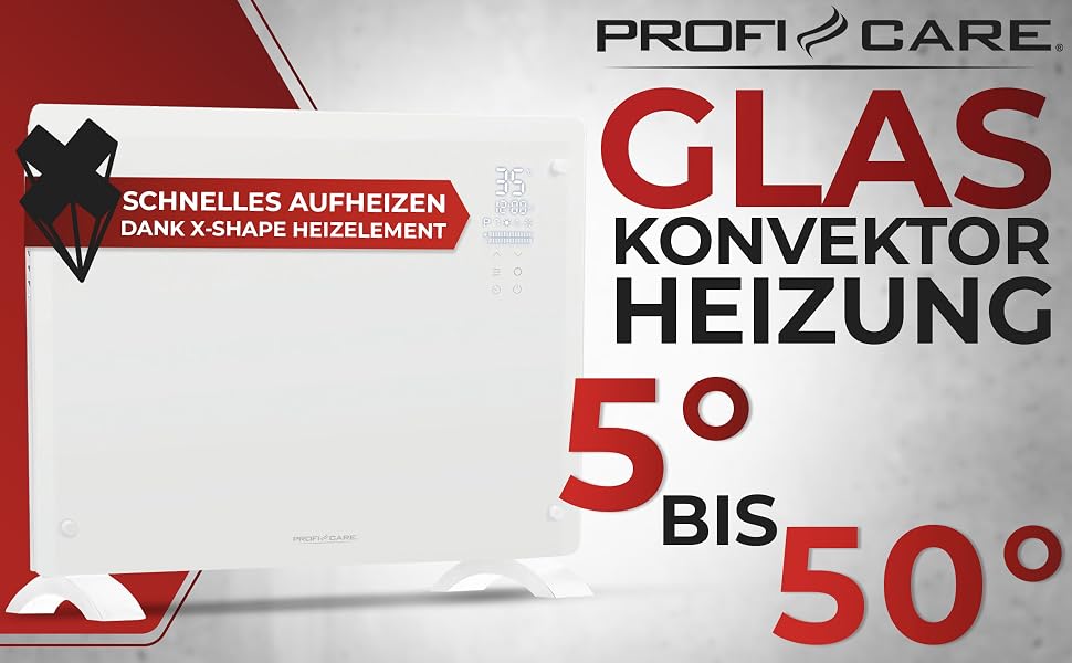 Електричний конвектор ProfiCare PC-GKH 3118 зі скляною панеллю та X-подібним нагрівальним елементом, мобільний обігрівач з можливістю настінного монтажу, 2 режими потужності, безшумний, білий