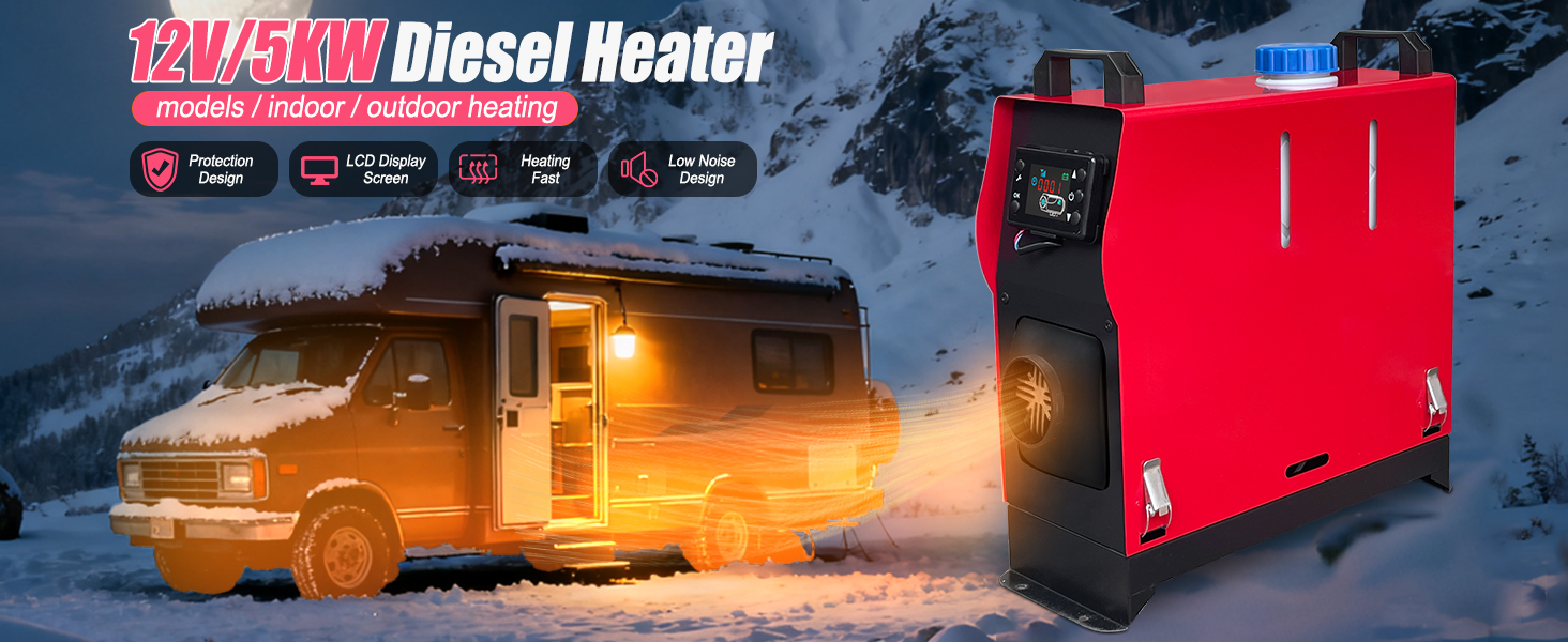 Дизельний повітряний опалювач Triclicks 12V 5KW для авто, RV, вантажівки, кемпера з LCD-дисплеєм та пультом керування (червоний + чорний)