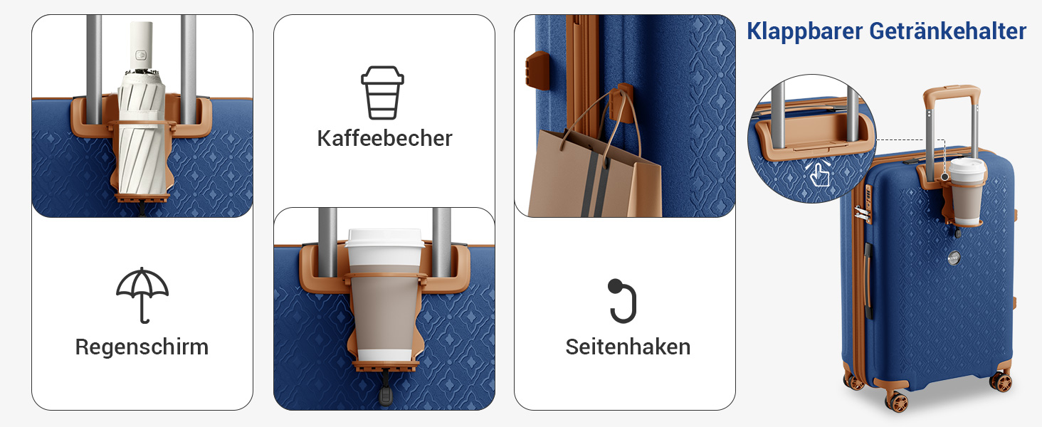 Валіза ручної поклажі KONO з тримачем для напоїв, жорсткий корпус, легкий поліпропілен, розширюваний, 4 колеса, TSA-замок (Темно-синій/Коричневий, M)