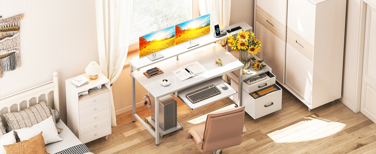 Ігровий стіл Coleshome з LED підсвічуванням, 140x48 см. Стіл з тканиними ящиками, комп'ютерний стіл з 2 розетками та 2 USB-портами, стіл для ігор з підставкою для монітора для дому/офісу, білий 140x48 см