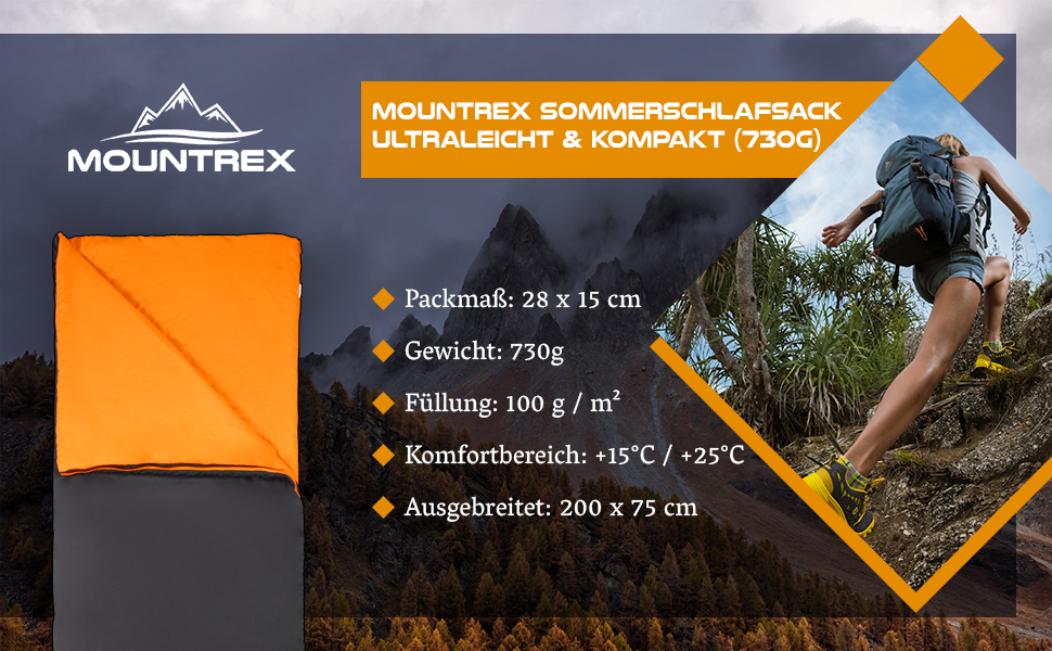 Спальний мішок MOUNTREX - невеликий розмір упаковки і надлегкий (730 г) літній спальний мішок-ковдра-літній спальний мішок на відкритому повітрі-кемпінг, подорожі, фестиваль-розкладний (чорний - праворуч)