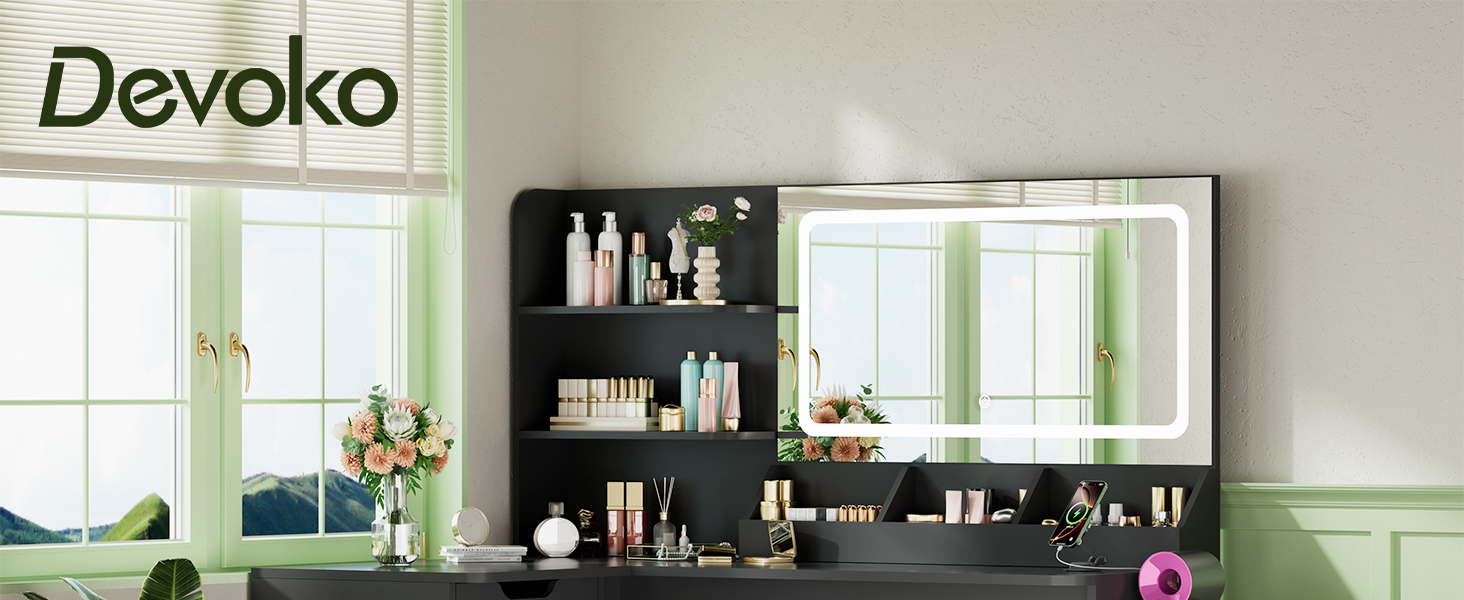 Дзеркальний столик для макіяжу Devoko з LED-підсвічуванням та пуфом, кутовий туалетний столик з розеткою, 5 ящиків, відкриті полиці, тримач для фену, для спальні (Білий) (Чорний)