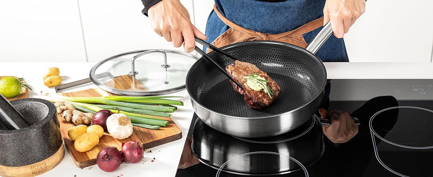 Сковорода з нержавіючої сталі Moritz & Moritz з кришкою 28 см з керамічним покриттям нового покоління - підходить для всіх типів плит - антипригарна сковорода з вафельною структурою для приготування, смаження та тушкування. Діаметр 28 см