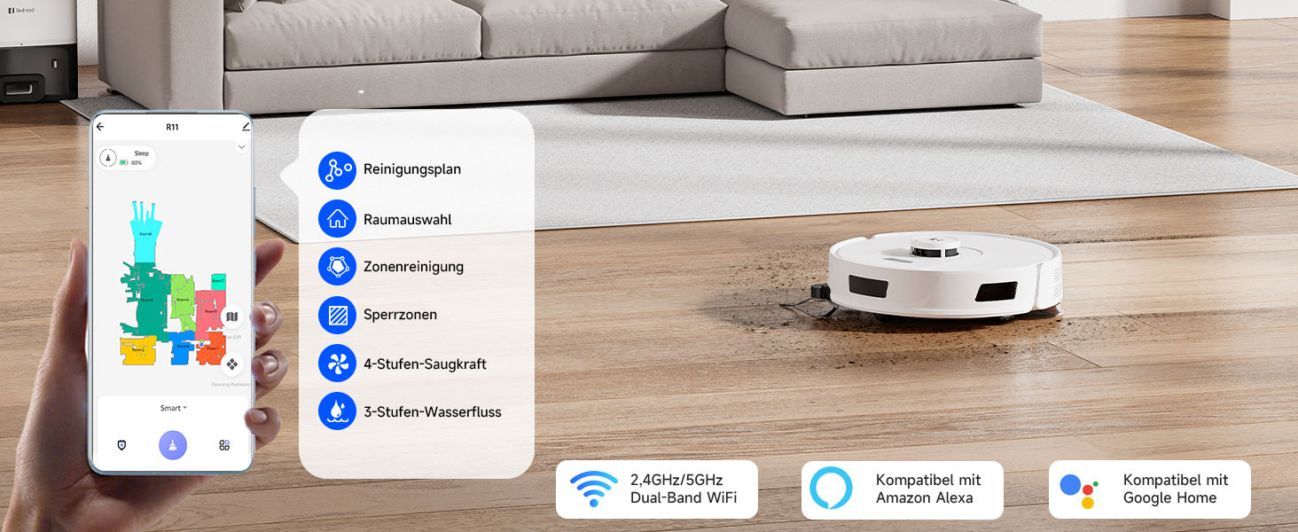 Робот-пилосос Redkey R11 з функцією миття, 20000Pa, док-станція 4L, захист від намотування волосся, LiDAR навігація, керування через додаток, для килимів та шерсті тварин