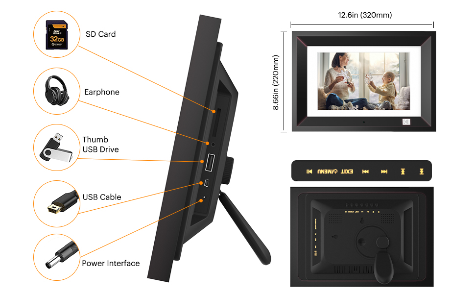 Цифровий фоторамка Kodak 10 дюймів з акумулятором, Wi-Fi, 32 ГБ, HD IPS сенсорний екран, фото/відео/музика, керування через додаток (Чорний)