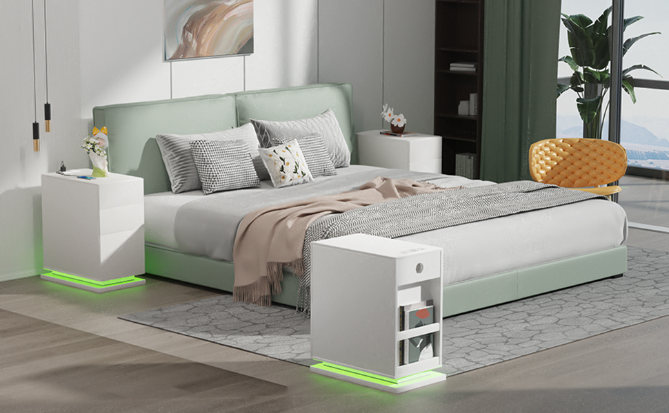 Вузька приліжкова тумба Lvhecforhm з LED підсвіткою, біла, з розеткою і USB, 16 режимів підсвічування, 50x30x63 см, для спальні та вітальні, глянцева