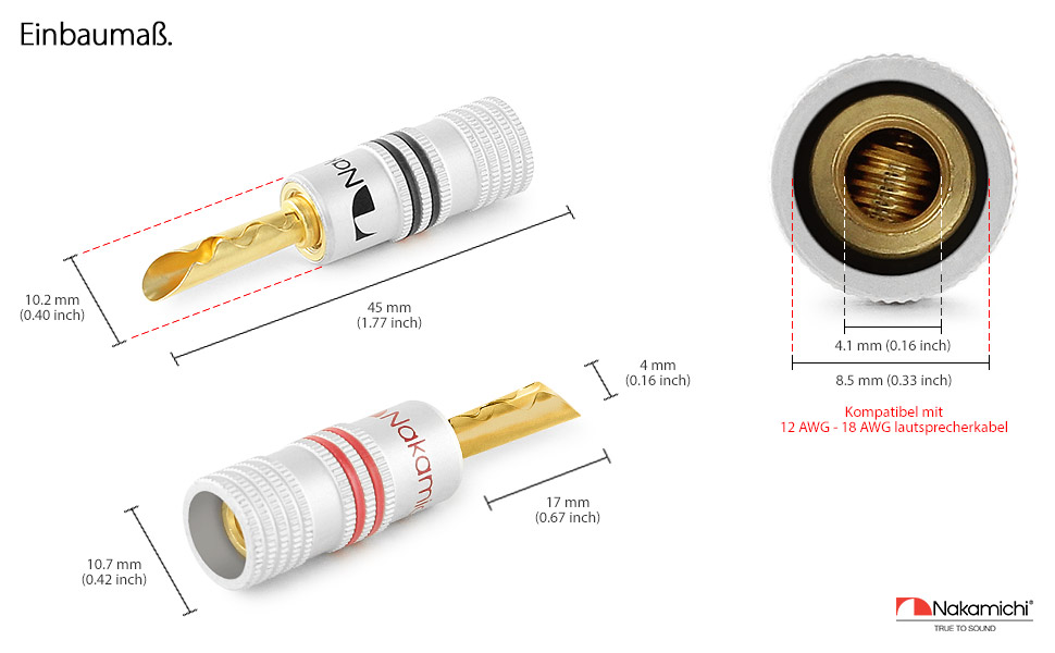 Заглушки-бананки Nakamichi 24K з позолотою 4мм для колонок, 8 шт. (4 пари)