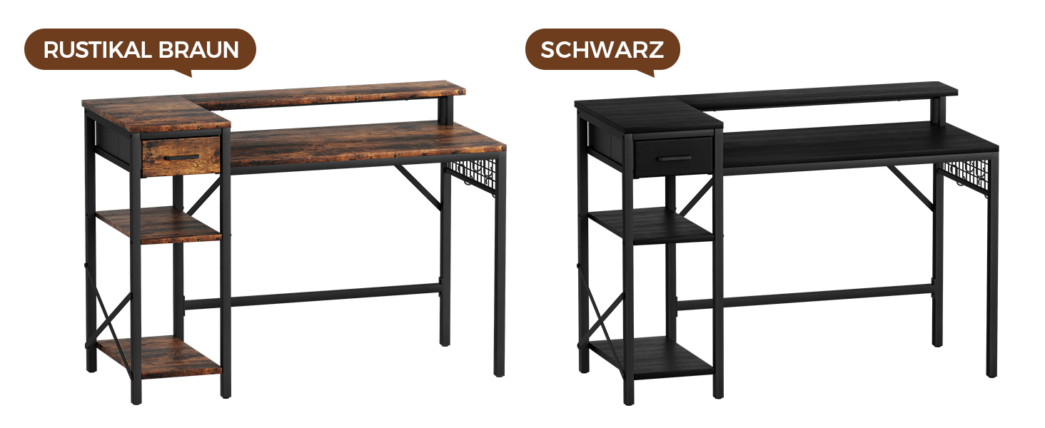 Ігровий стіл Oak & Tea 120x52 см з ящиками, регульованою полицею та тримачем для монітора – для навчання, ігор, роботи та дому. Колір: коричневий та чорний (вінтажний).