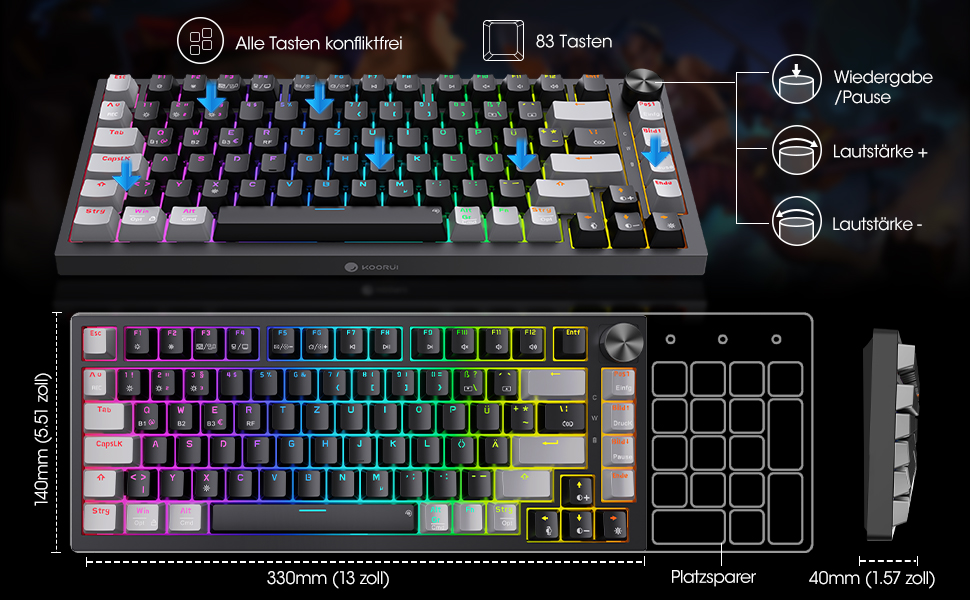 Механічна клавіатура KOORUI для геймінгу: бездротова/провідна/Bluetooth, 82 клавіші, QWERTZ (німецька розкладка), 4000mAh, RGB, Red Switch (червоний)