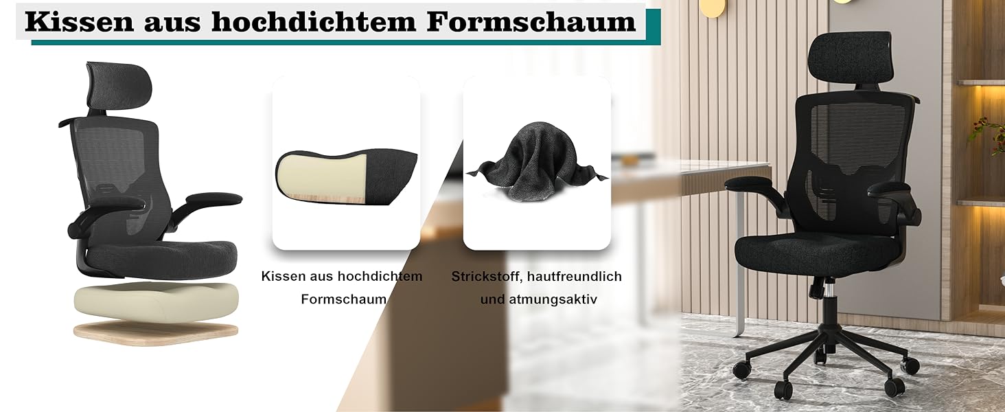 Ергономічне крісло для офісу з регульованою підголівником та поперековою підтримкою – високе офісне крісло з сітчастою спинкою та м'яким сидінням, вішалка для одягу та функцією блокування (Чорний)