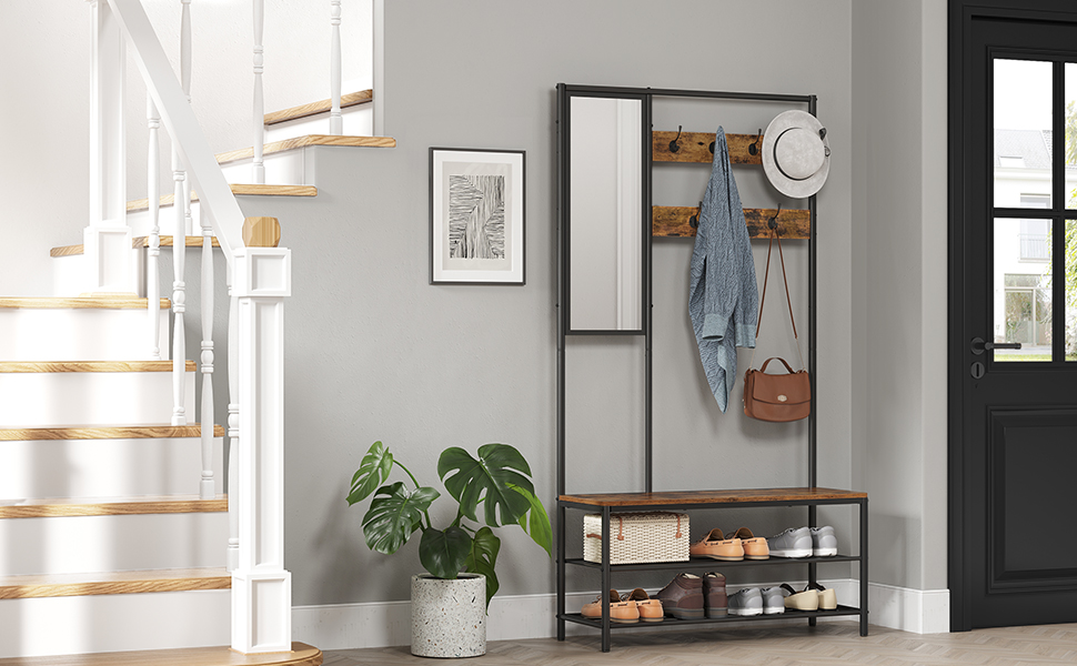 Дзеркало-вішалка VASAGLE HSR415B01 з банкеткою, полицею для взуття, гачками, 35 x 98 x 180 см, для прихожей, спальні, вітальні, індустріальний стиль, вінтажний коричневий + чорний