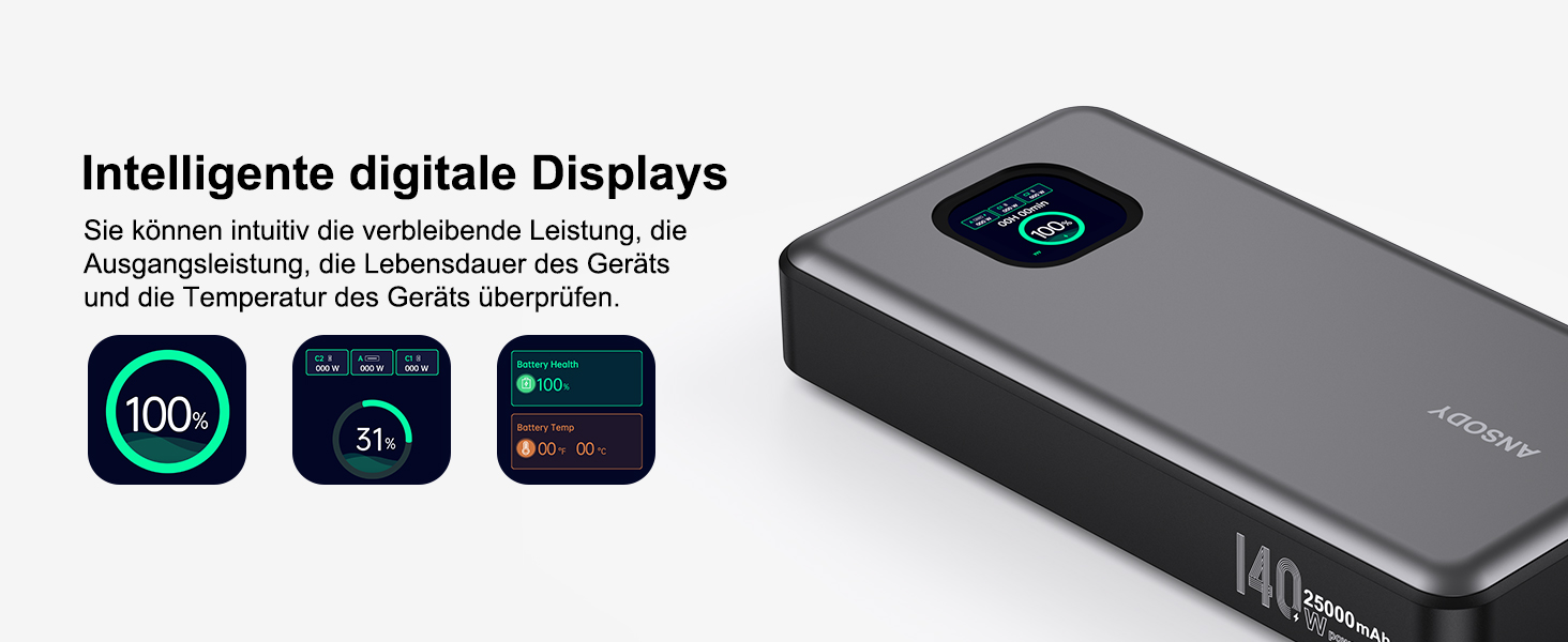 Power Bank 140W, 25000mAh з дисплеєм для ноутбука, MacBook, iPad, iPhone, Switch. Швидка зарядка PD3.1 (Сірий)