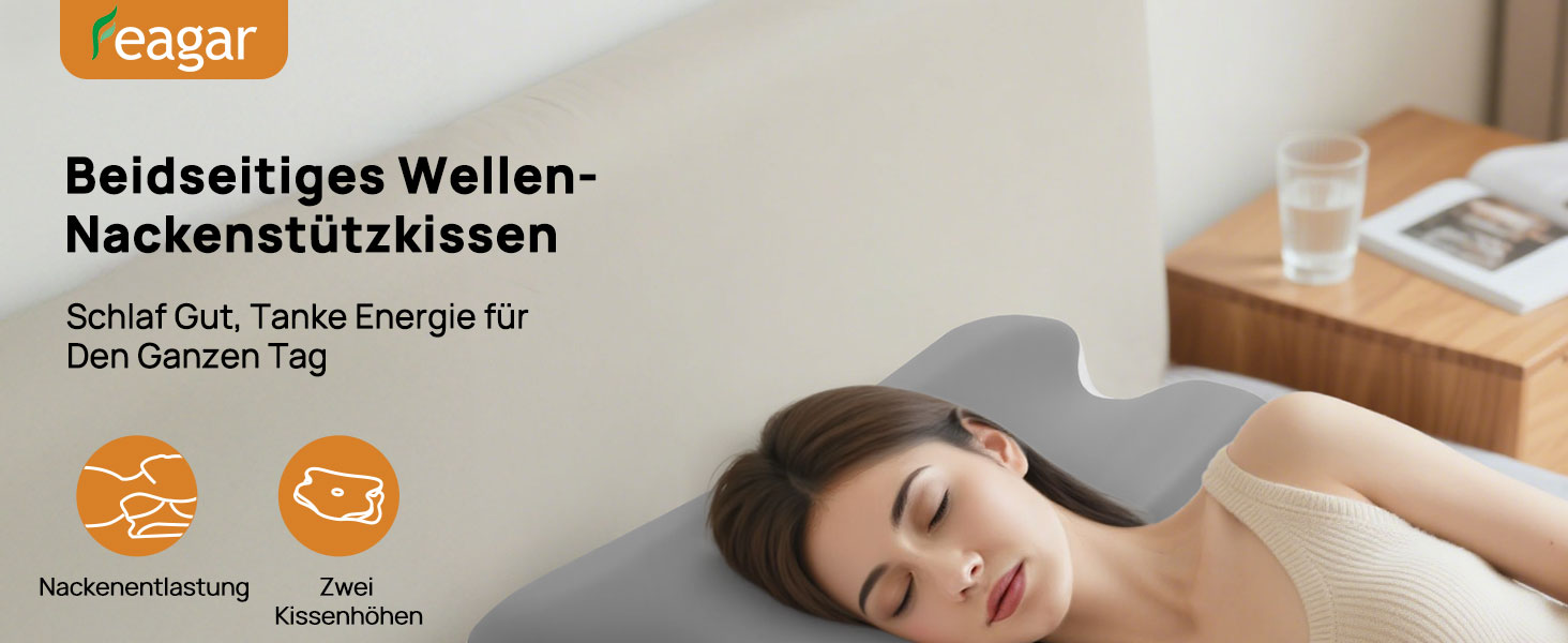 Подушка для шиї Feagar з Memory Foam, ергономічна, 2 висоти (8/12 см), сіра. Підтримка шиї та плечей